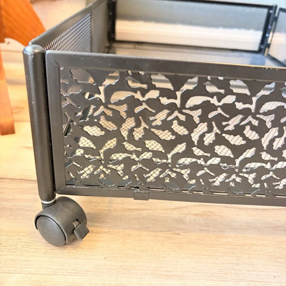 2 Black Metal Mesh Rolling Underbed Storage Bins Bird Leaf Design Foldable